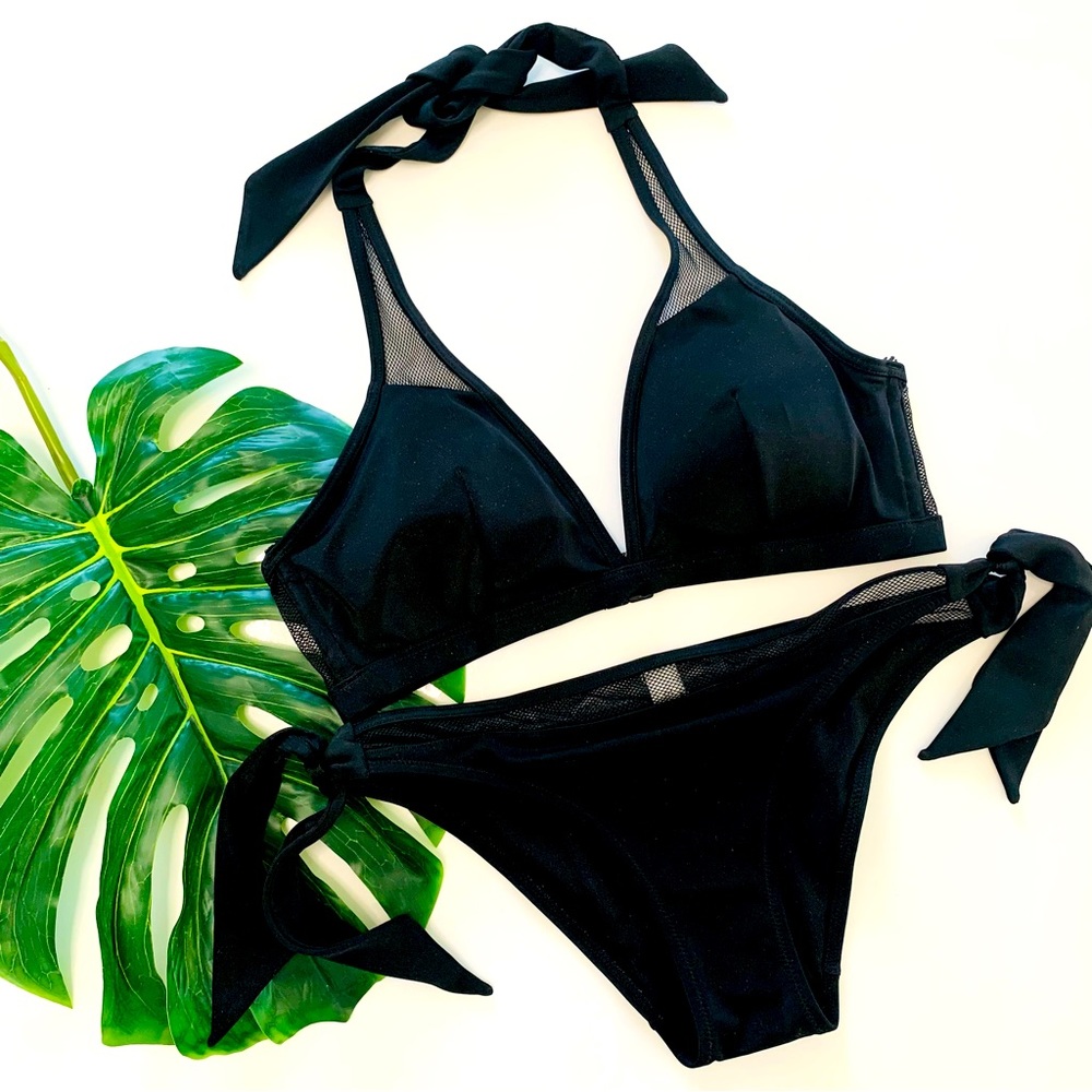 EKOUAER Black Mesh Trim Bikini Size Small